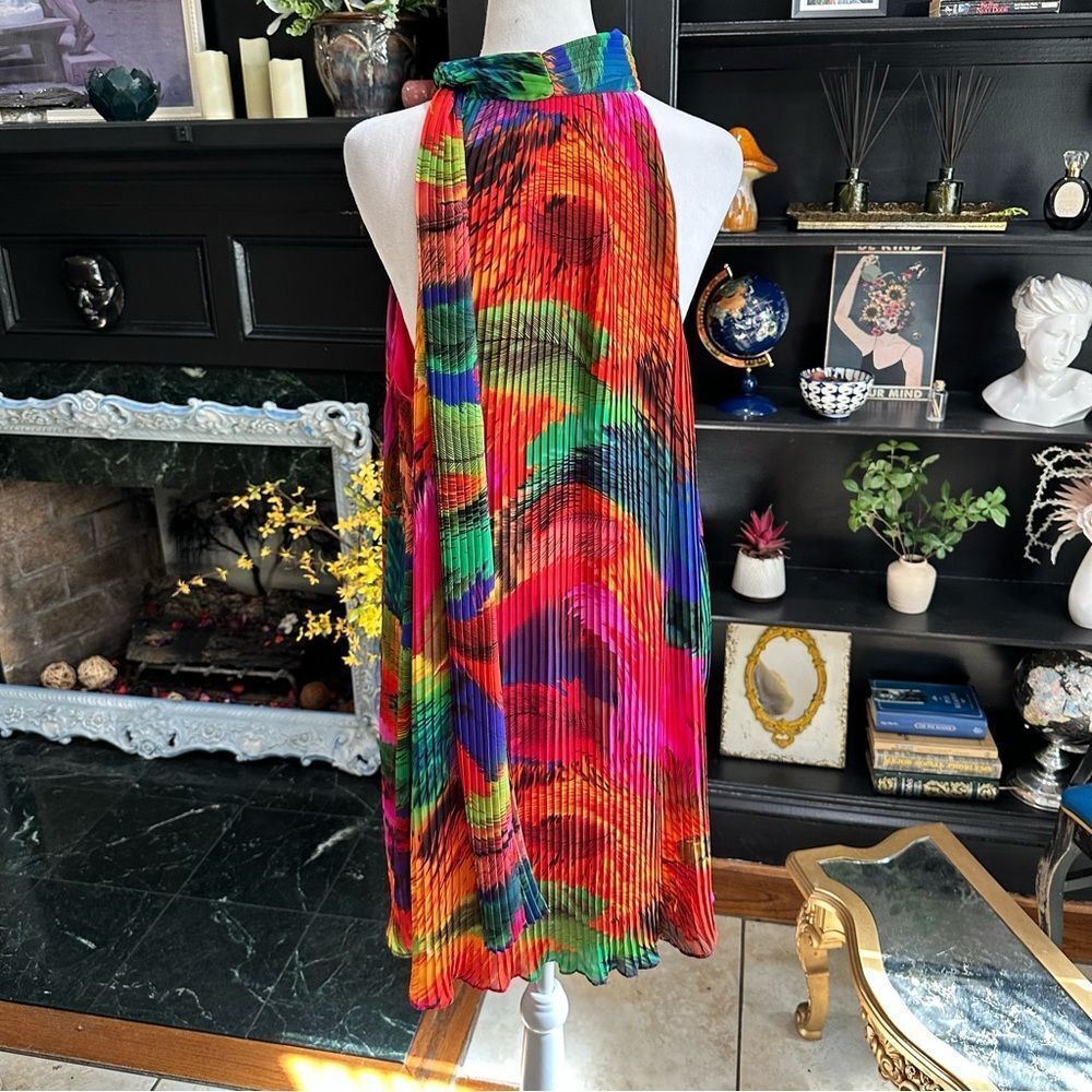 Oleg Cassini Multi‑Colored Tropical Pleated Dress • Size 12 • Vibrant Resort Vib - Picture 8 of 12